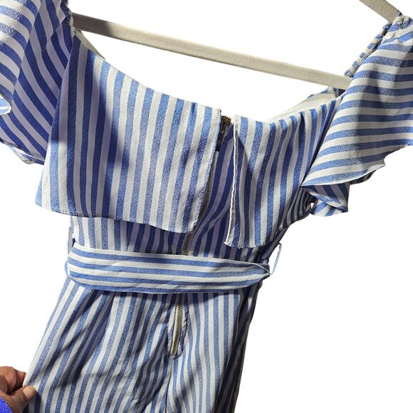 Blue & White Striped Off-Shoulder Dress With Ruffle Detail & Belt Windsor - Picture 5 of 6